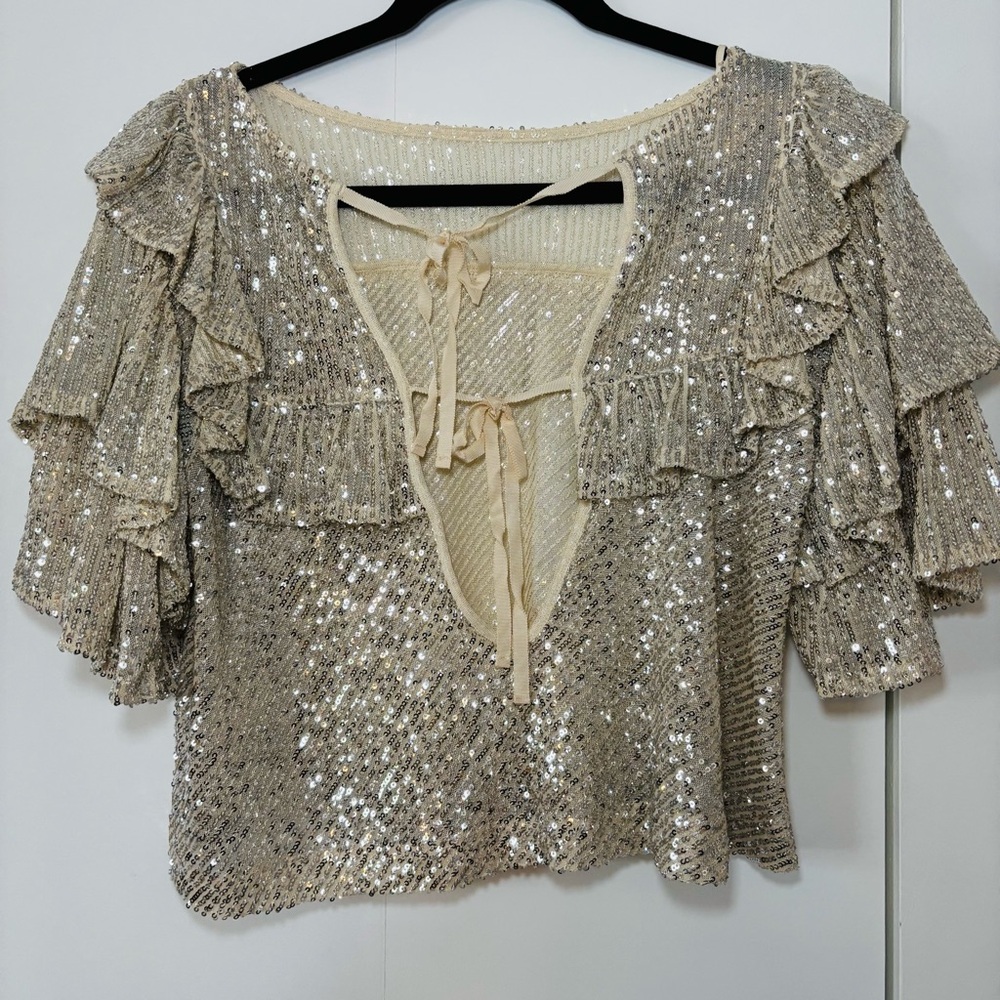Free People Dance Floor Sequin Top Small Silver Cropped Ruffle - Picture 4 of 9